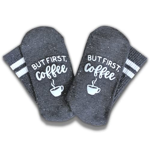 Boutique Coffee Crew Socks for Women - But First Coffee - Charcoal