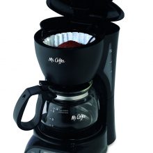 Compact Mr. Coffee 4-Cup Programmable Coffeemaker with black finish and user-friendly controls. 