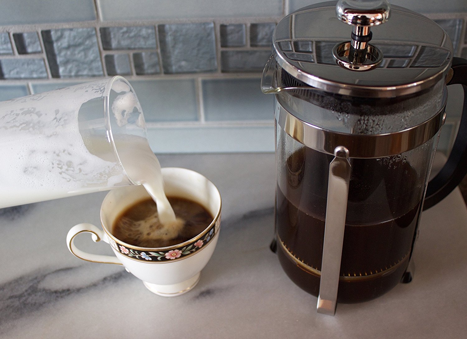 Zell French Press Coffee Maker With Stainless Steel Frame And Glass Milk  Frother Set Offer - BuyMoreCoffee.com