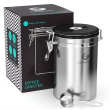 Coffee Gator Canister Storage Vault – Stainless steel canister with CO2 valve, expiry tracking wheel, and scoop for preserving coffee freshness.