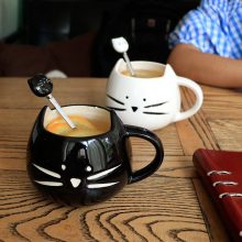 Set of Koolkatkoo Cute Cat Mugs in black and white, each with a spoon – perfect gift for cat lovers! 