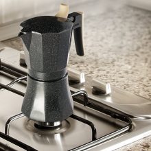 Osaka Stovetop Espresso Maker in 3-cup size with a marbled finish, aluminum construction, and ergonomic handle 
