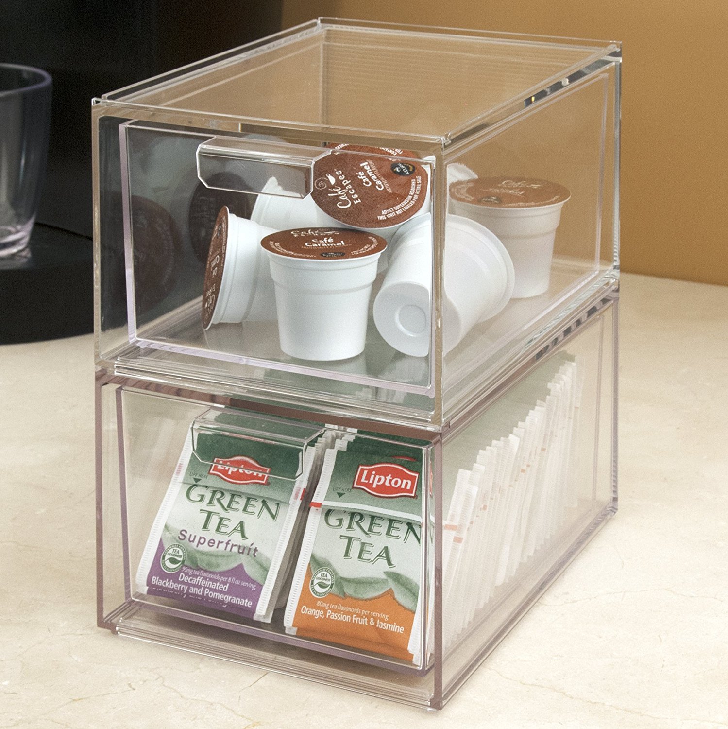 mDesign Plastic Stackable Kitchen Box for Coffee Pods, Tea Bags, Set of 2, Clear