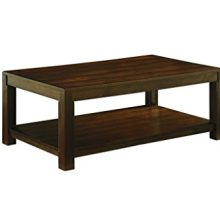 Rustic coffee table with a rich brown distressed finish, featuring a spacious rectangular tabletop and a lower storage shelf, designed with sturdy block legs. 
