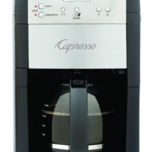 Capresso CoffeeTEAM GS 10-Cup Digital Coffeemaker with Conical Burr Grinder, showcasing a sleek design and LCD display for easy coffee customization. 