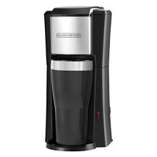 Compact BLACK+DECKER single-serve coffee maker with included travel mug, ideal for quick morning brews. 