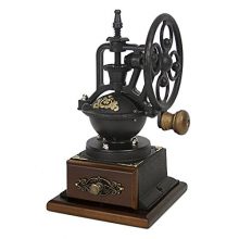 Vintage Evelyne hand-crank coffee grinder with windmill design and wooden drawer. 