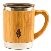 Stainless steel bamboo mug with lid and handle, perfect for coffee, tea, or travel, eco-friendly and durable.