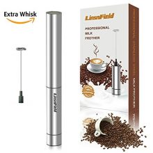 LinsnField Handheld Milk Frother creating creamy foam in a coffee cup, stainless steel body with a sleek design. 