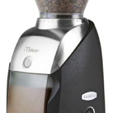 Baratza Virtuoso Coffee Grinder with sleek metal design, 40mm funnel burrs, and 60-second timer for precision grinding. 