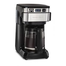 Compact black Hamilton Beach coffee maker with front-access water reservoir and programmable clock. 