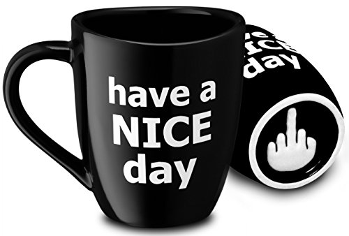 Decodyne Have a Nice Day Coffee Mug, Funny Cup with Middle Finger on the Bottom 14 oz. (Black)