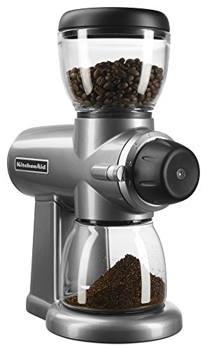 KitchenAid Burr Coffee Grinder, Contour Silver.  Controlled rate pounding with 15 crush settings takes into consideration incredible granulate consistency and lower pounding temperatures. Stainless steel cutting burrs offers strength and intense performance. 7 oz. glass bean container and granulate bump limits the static "stick" of espresso grinds.