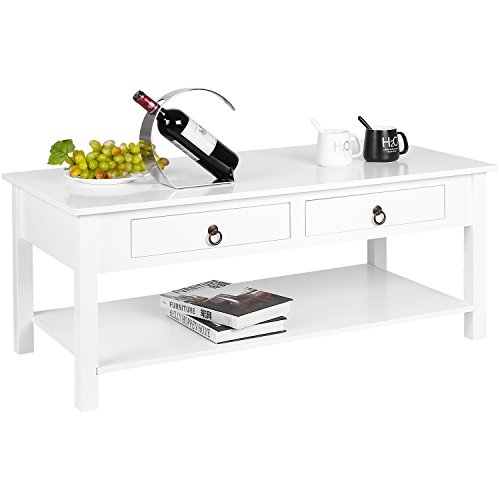 HOMFA Coffee Table Modern Console Desk Collection Table with Storage Shelf and 2 Drawers Simple Stylish Home Furniture White