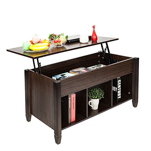 Bonnlo Lift Top Coffee Table with Storage Shelf w/Hidden Compartment and 3 Lower Open Shelves for Living Room (Brown)