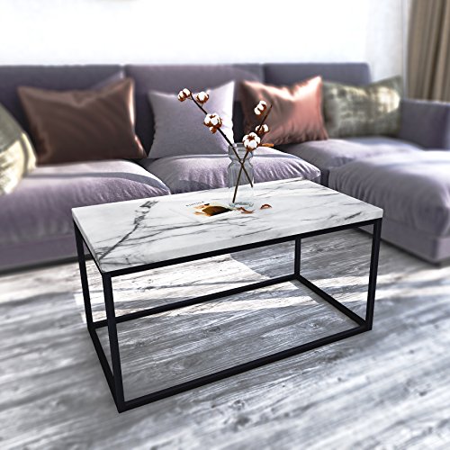 Roomfitters White Marble Print Coffee Table, Upgraded Water Resistant Version, Accent Rectangular Cocktail Table with Black Metal Box Frame