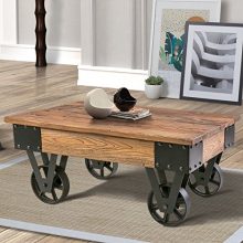 Harper&Bright Designs Solid Wood Coffee Metal Wheels, End Table/Living Room Set/Rustic Brown