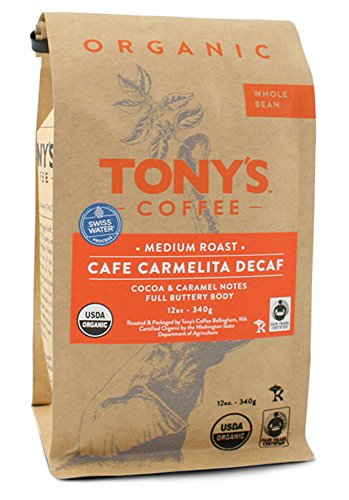 Tony's Coffee"Cafe Carmelita Decaf" Medium Roasted Fair Trade Organic Shade Grown Whole Bean Coffee - 12 Ounce Bag