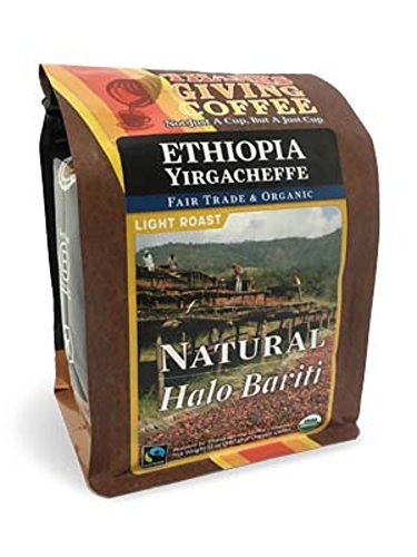 Thanksgiving Coffee "Ethiopia Natural Yirgacheffe Halo Bariti" Light Roasted Fair Trade Organic Shade Grown Whole Bean Coffee - 12 Ounce Bag