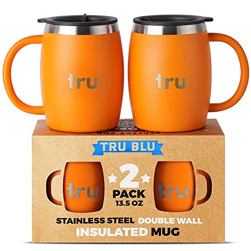 Insulated Coffee Mug with Lid (Set of 2) - Stainless Steel Camping Mug with Handle