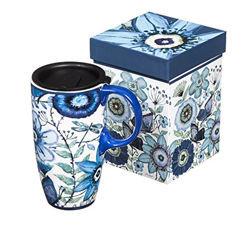 Shades of Indigo Flowers and Butterflies Ceramic Travel Coffee Mug 17oz