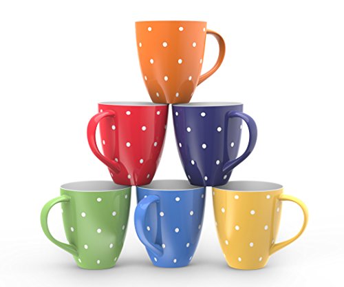 Francois et Mimi 16-Ounce Ceramic Coffee Mugs, Large, Polka Dot, Set of 6