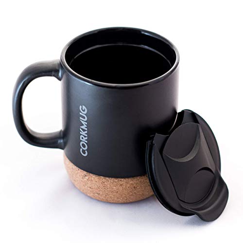 CorkMug: Matte Black Ceramic Mug (12 Ounce) with Built-in Cork Coaster and Splash-free Lid