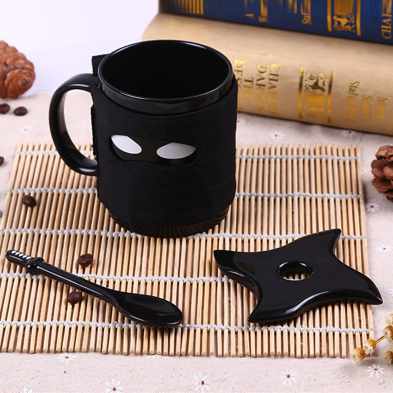 Ninja Ceramic Mug with Mask Sword Spoon Shadow Saucer