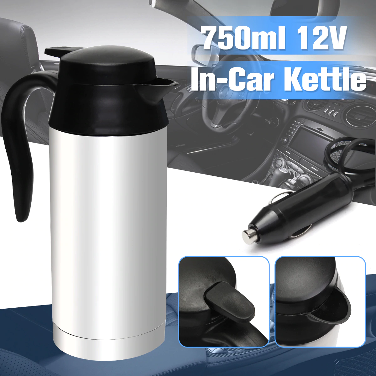 Stainless Steel 12V Electric Kettle 750ml In-Car Travel