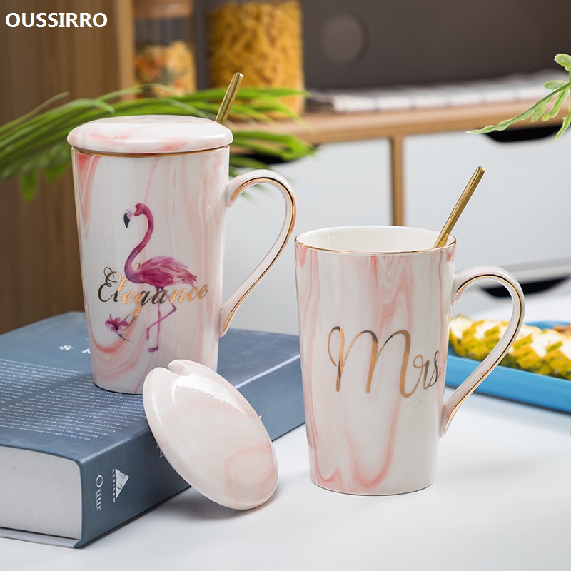 Flamingo Pattern Natural Marble Porcelain Coffee Mug