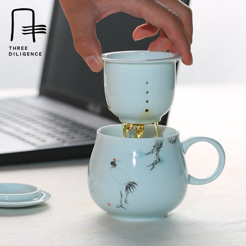 340ml Coffee Mug With Handle Lid Filter Handpainted