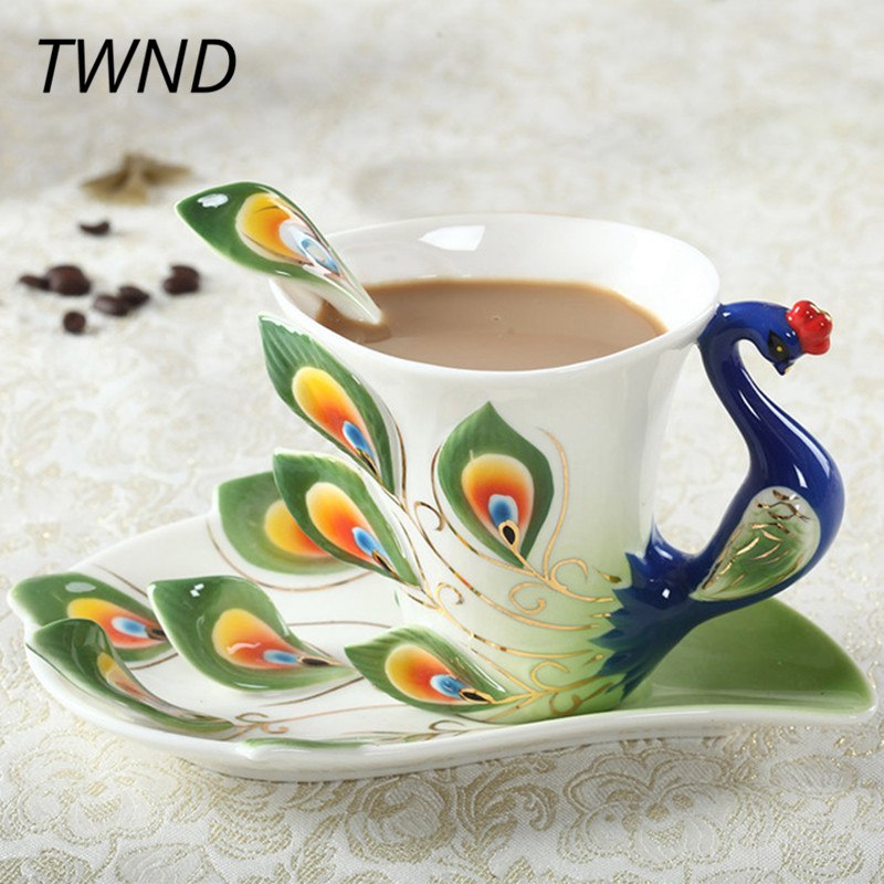 Peacock Coffee Mugs With Spoon Plates Bone Tea Cups