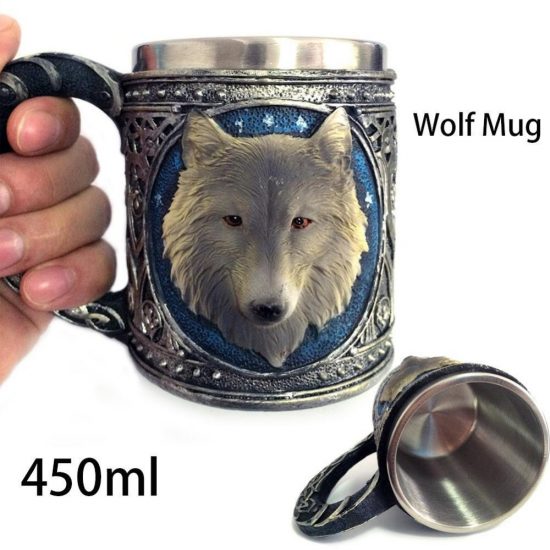 450ML Double Wall Resin Stainless Steel 3D Wolf Head Mug