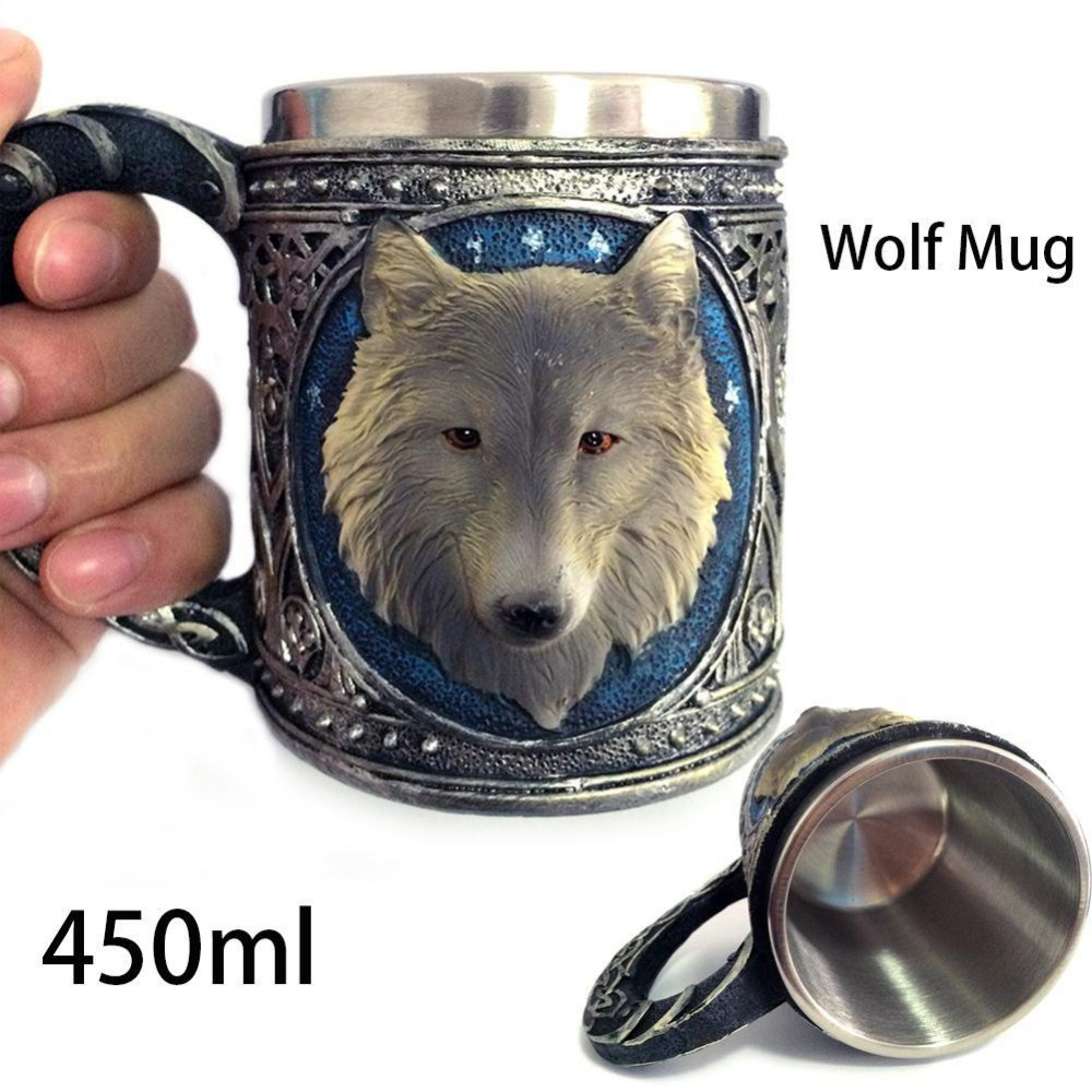 450ML Double Wall Resin Stainless Steel 3D Wolf Head Mug