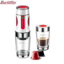 Barsetto Portable Coffee Maker with sleek design, manual hand-pressure system, and insulated cup for fresh espresso on the go.