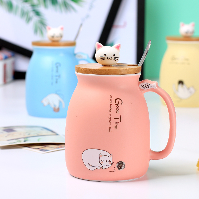 Cat Japanese creative coffee mug with lid with spoon