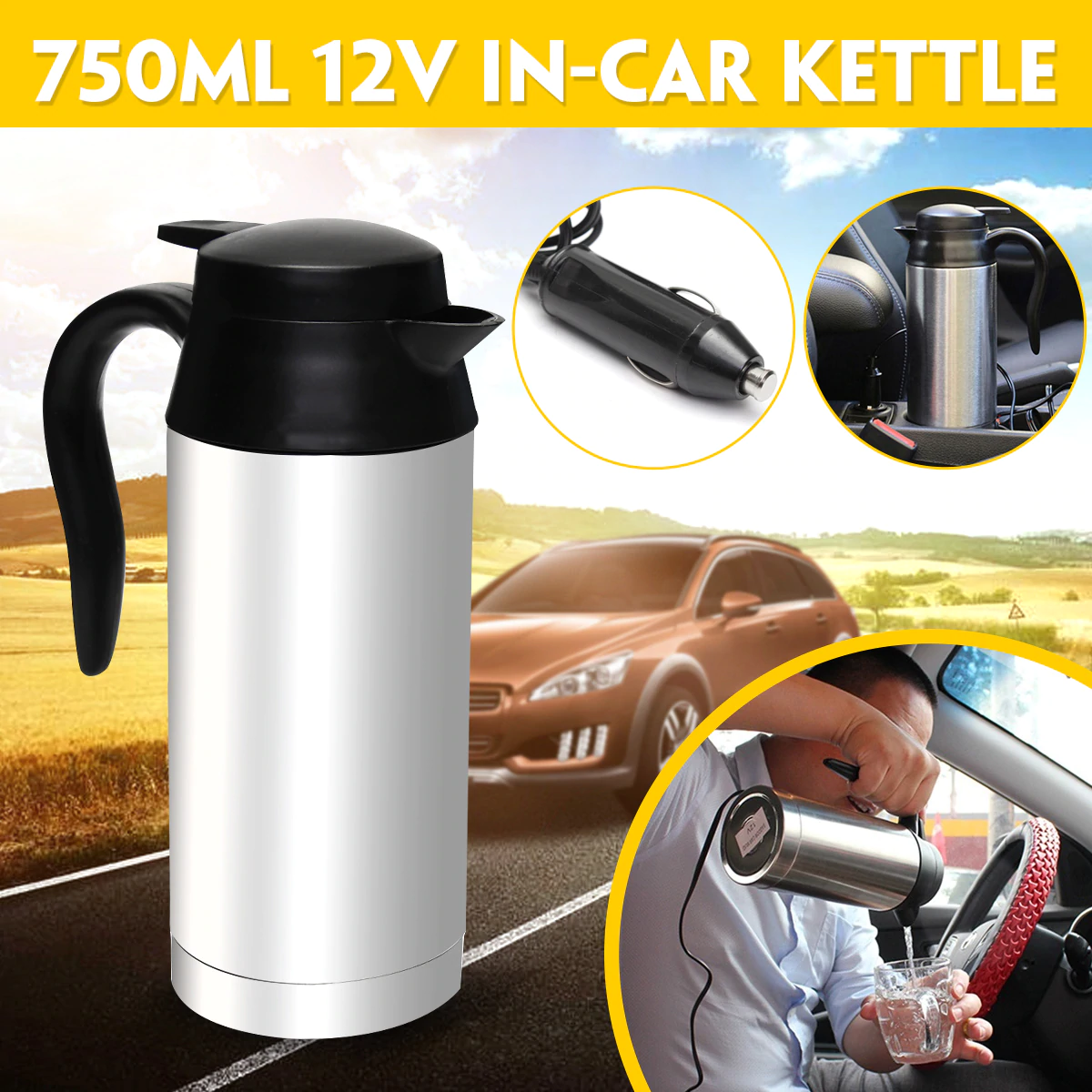 12V Electric Kettle 750ml Stainless Steel In-Car