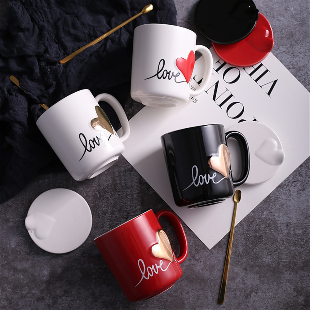 Romantic Couple Ceamic Coffee Mug with Lid Spoon Love