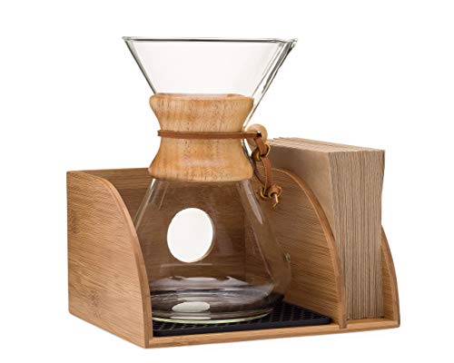 Holds Coffee Maker and Coffee Paper Filters ELLDOO Bamboo Coffee Organizer Stand Compatible with Chemex Coffee Makers Fits Collar and Handle Carafes with Grey Silicone Dripper Mat 