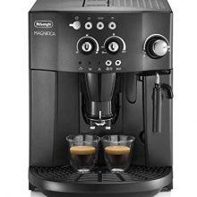 Delonghi ESAM4000 Magnifica Espresso Machine brewing fresh espresso with frothy milk. 