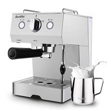 A sleek, stainless steel Barsetto Espresso Machine with milk frother wand, sitting on a kitchen counter, ready to brew rich and aromatic coffee. ☕️ 