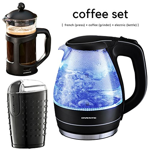 Ovente Glass Electric Kettle Bundle with French Coffee Press and Electric Coffee Grinder