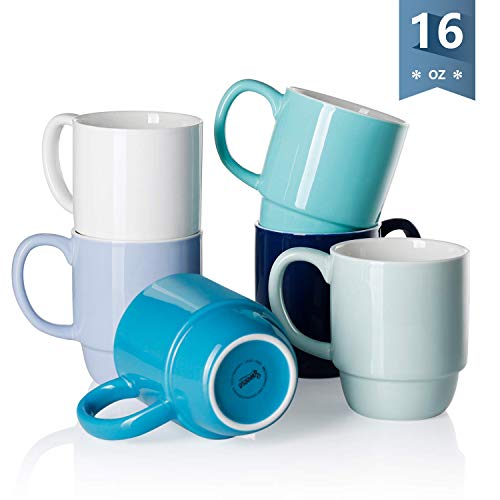 Sweese 6220 Porcelain Stackable Mug Set - 16 Ounce for Coffee, Tea, Cocoa and Mulled Drinks - Set of 6, Cold Assorted Colors