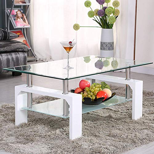 White Modern Side Coffee Table with Lower Shelf