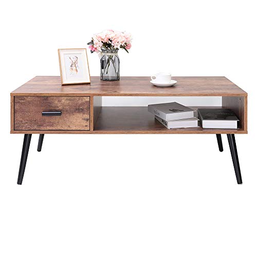 IWELL Mid-Century Coffee Table with 1 Drawer and Storage Shelf