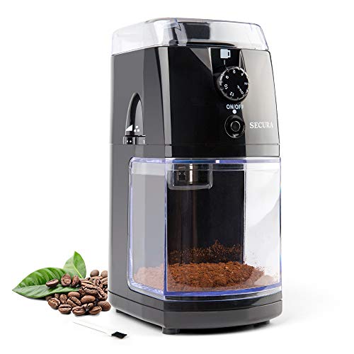 Percolator Drip Secura Burr Coffee Grinder Conical Burr Mill Grinder with 18 Grind Settings from Ultra-fine to Coarse American and Turkish Coffee Makers Electric Coffee Grinder for French Press 