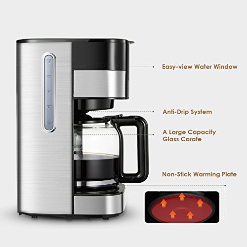 Black and Silver. Aicook 12 Cup Programmable Coffee Maker with Timer Permanent Reusable Filter Coffee Maker Carafe Anti-Drip System Filter Coffee Machine 