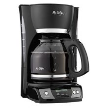 Sleek black Mr. Coffee 12-Cup Programmable Coffee Maker with easy-to-use buttons and a modern design. 