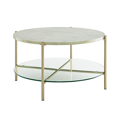 Round Coffee Table Faux White Marble Gold Base