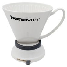 Image of the Bonavita Porcelain Immersion Dripper with lid, designed for single-serve espresso brewing, featuring a classic white porcelain finish and on/off switch for controlled brewing. 